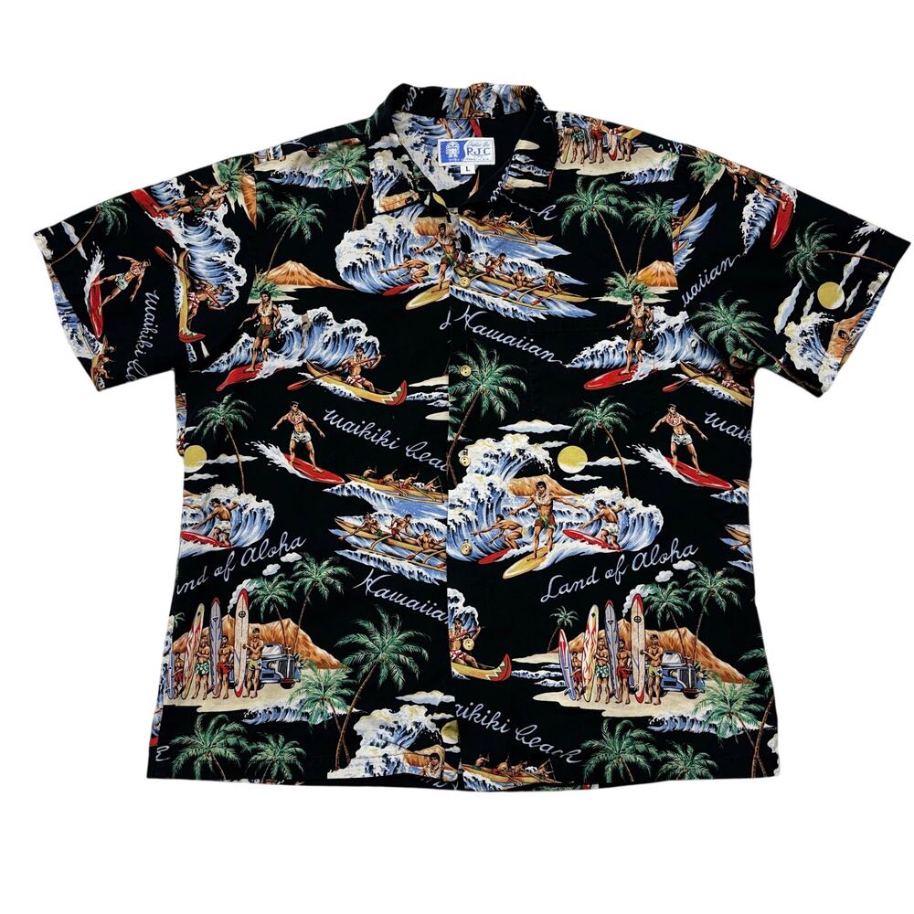 Vintage RJC Hawaiian Shirt Mens Large Black Land of Aloha Palm Beach Summer USA